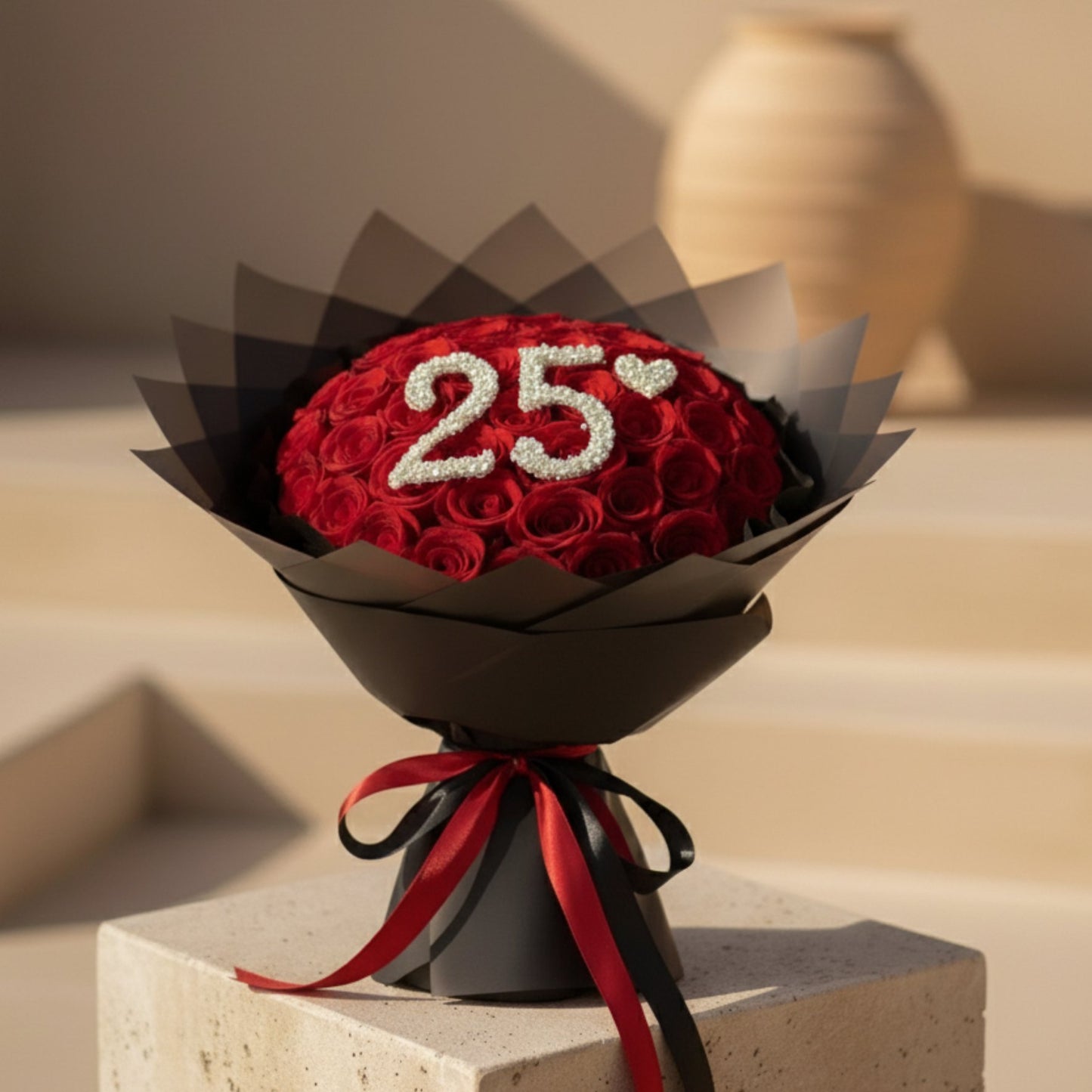 Luxury red rose bouquet with personalized number 25 made from white gypsophila