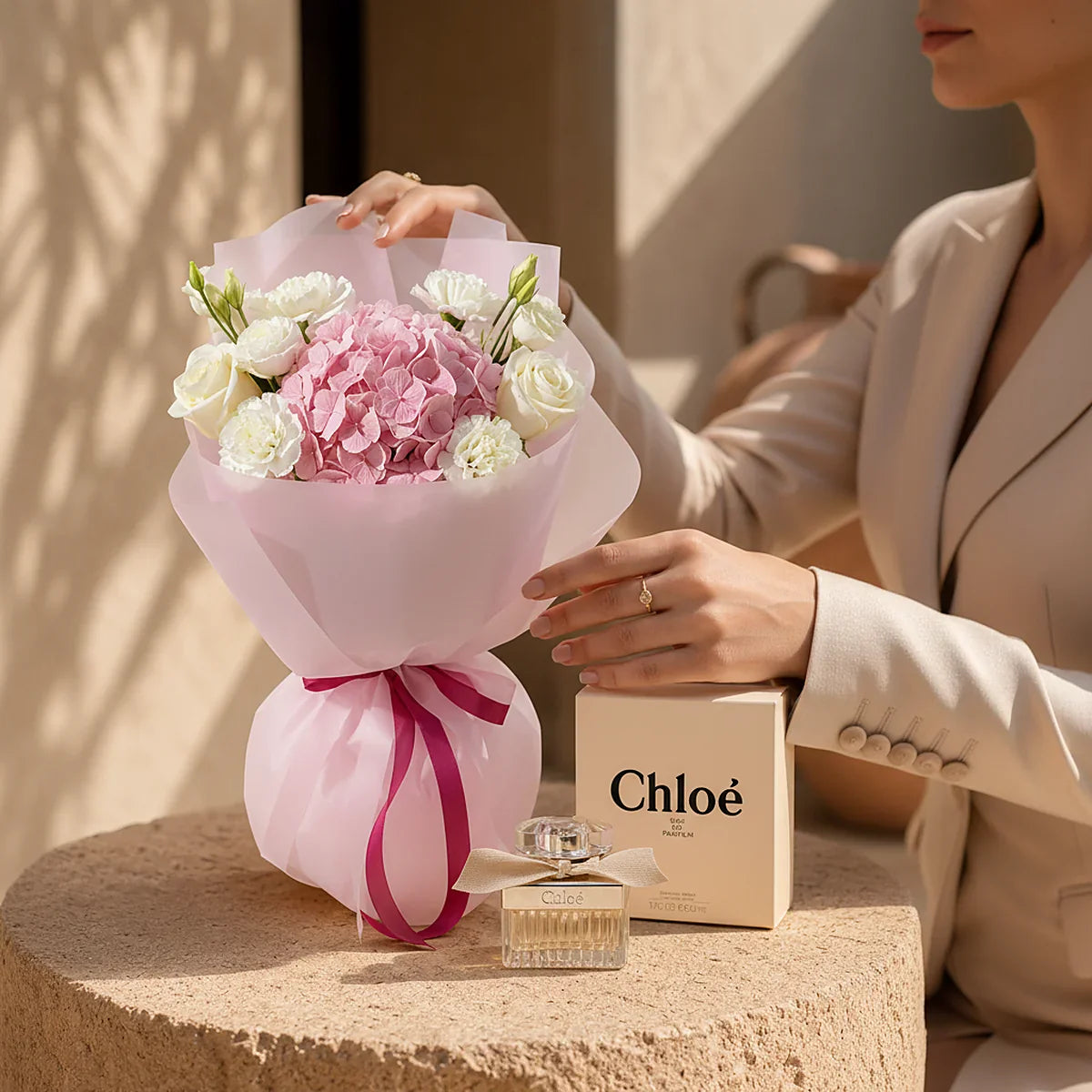 Deva Gift Set gift set by Aiwa Flowers — perfume view, luxury flowers and partner brand pairing for same-day delivery in Dubai UAE