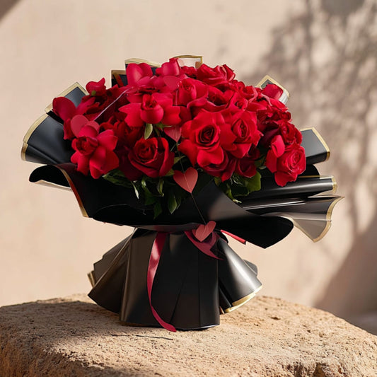 Hand-tied bouquet of 55 red roses with heart accents in elegant black wrapping by Aiwa Flowers Dubai
