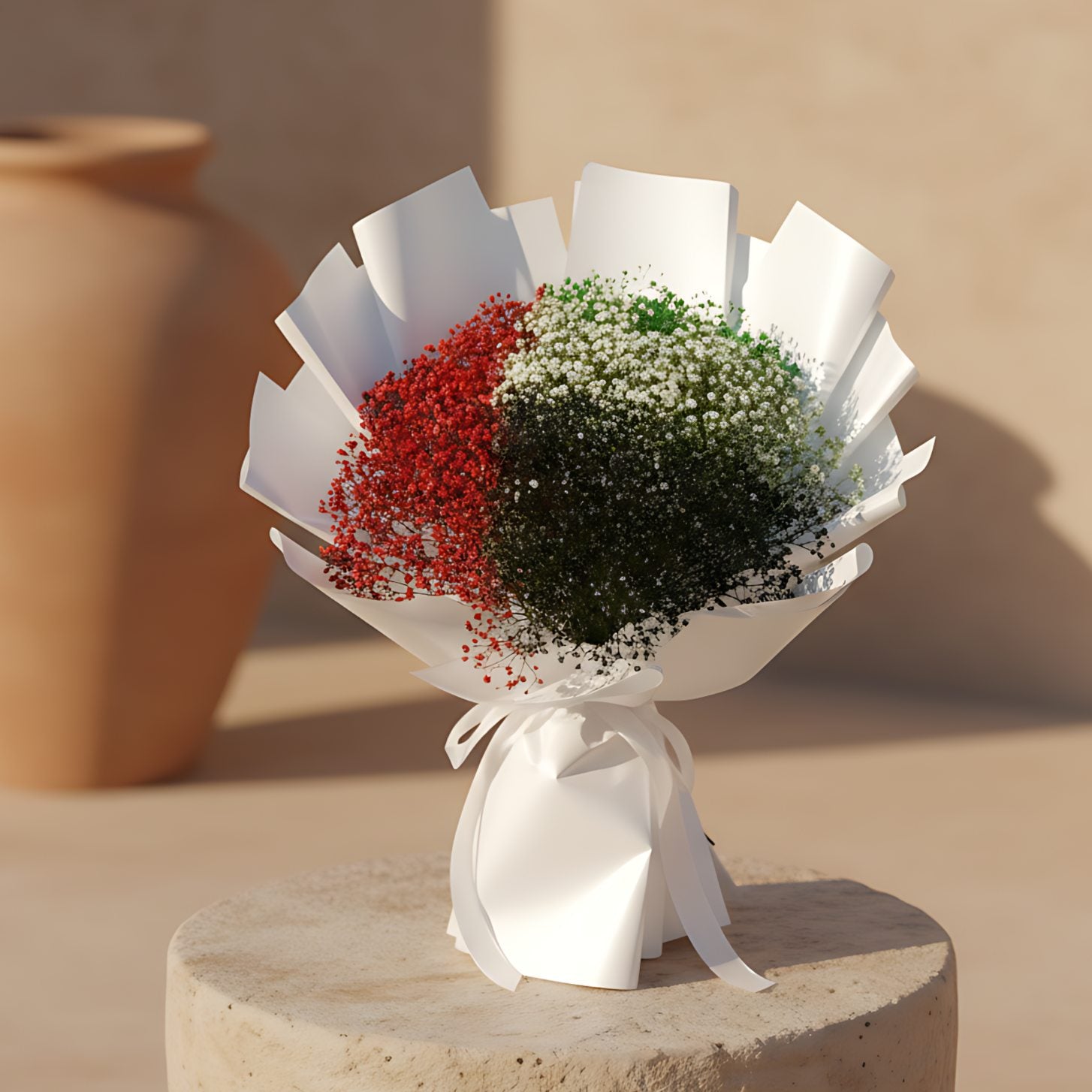Dubai hand-tied bouquet of UAE flag–colored gypsophila wrapped elegantly by Aiwa Flowers Dubai