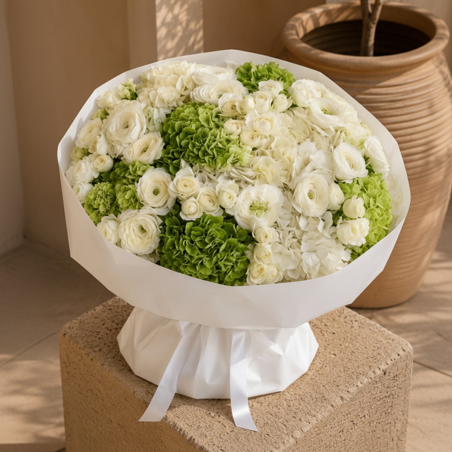 Aiwa Flowers Emerald Blanc bouquet — packaging view | luxury flower delivery Dubai
