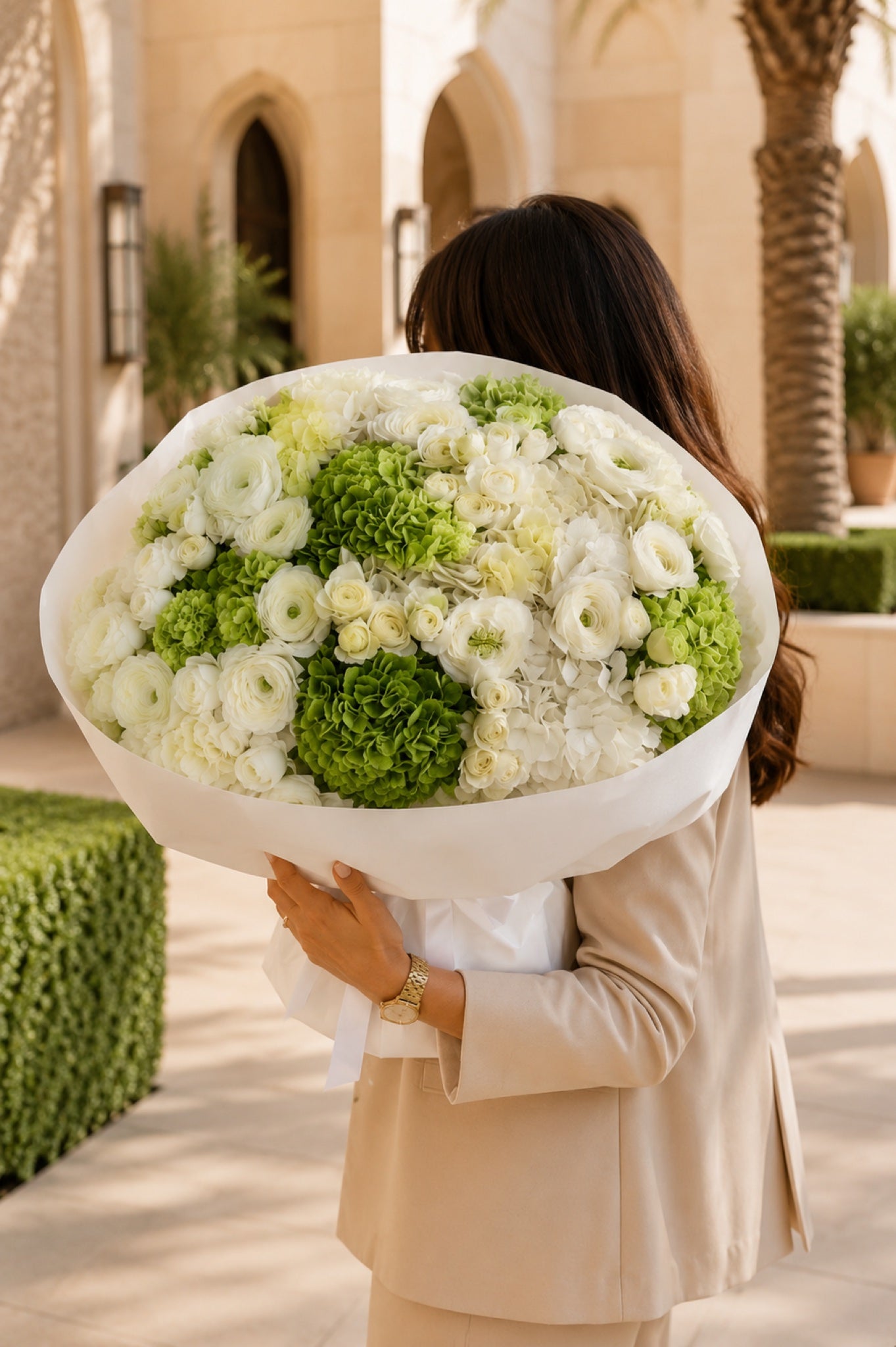 Aiwa Flowers Emerald Blanc bouquet — side angle view | luxury flower delivery Dubai