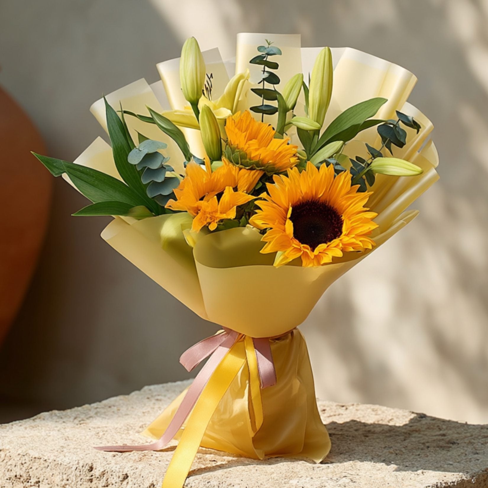 Hand-tied bouquet with sunflowers, lilies, and eucalyptus in elegant gold wrapping, handcrafted by Aiwa Flowers in Dubai
