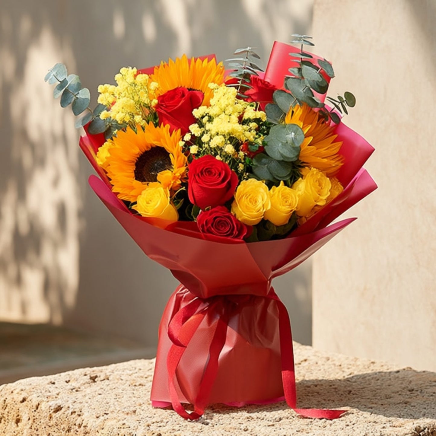 Hand-tied bouquet with sunflowers, red and yellow roses, yellow gypsophila, and eucalyptus in red wrapping by Aiwa Flowers Dubai
