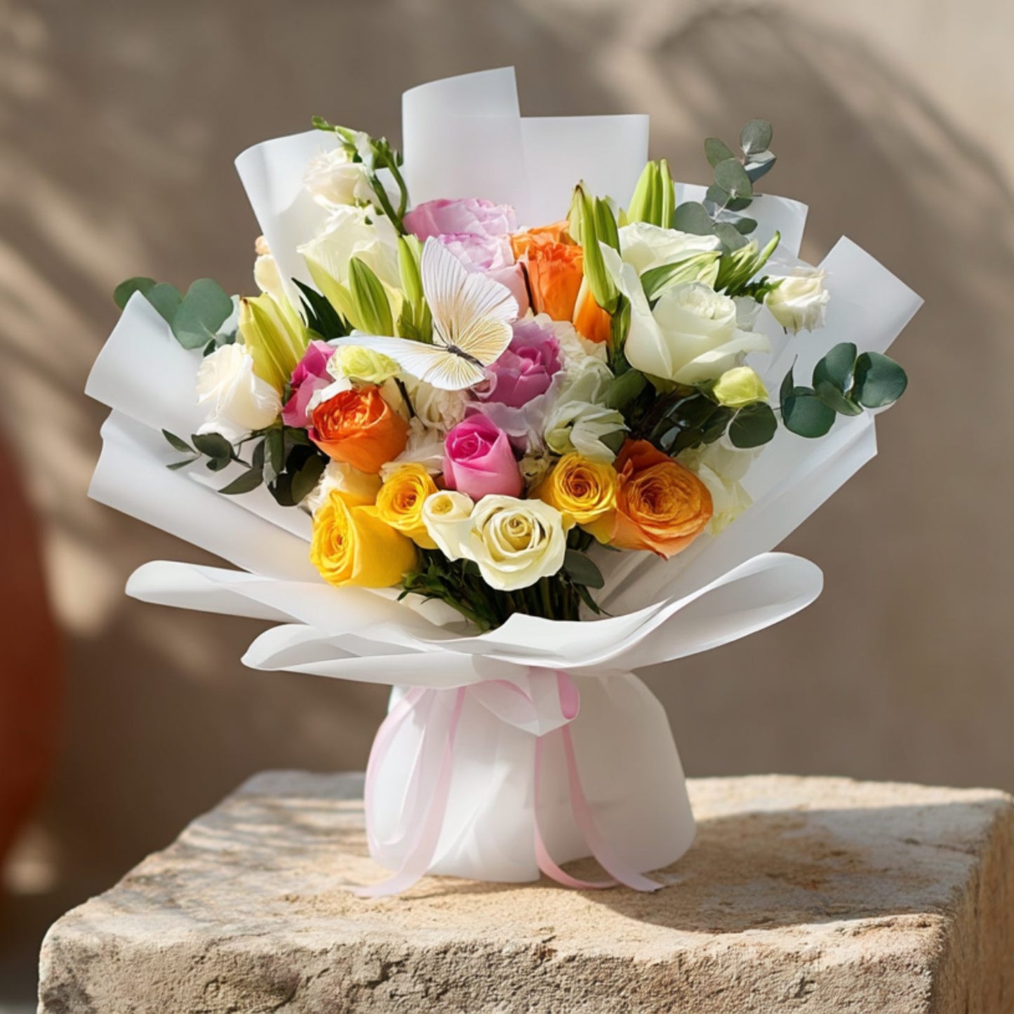 Hand-tied bouquet of mixed color roses with hydrangeas, lilies, lisianthus, eucalyptus, and a butterfly accent in white wrapping by Aiwa Flowers Dubai
