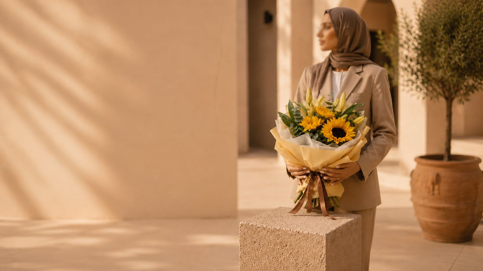 Woman in a hijab and tailored suit holding a bright sunflower and lily bouquet — Flowers for Colleagues by Aiwa Flowers Dubai