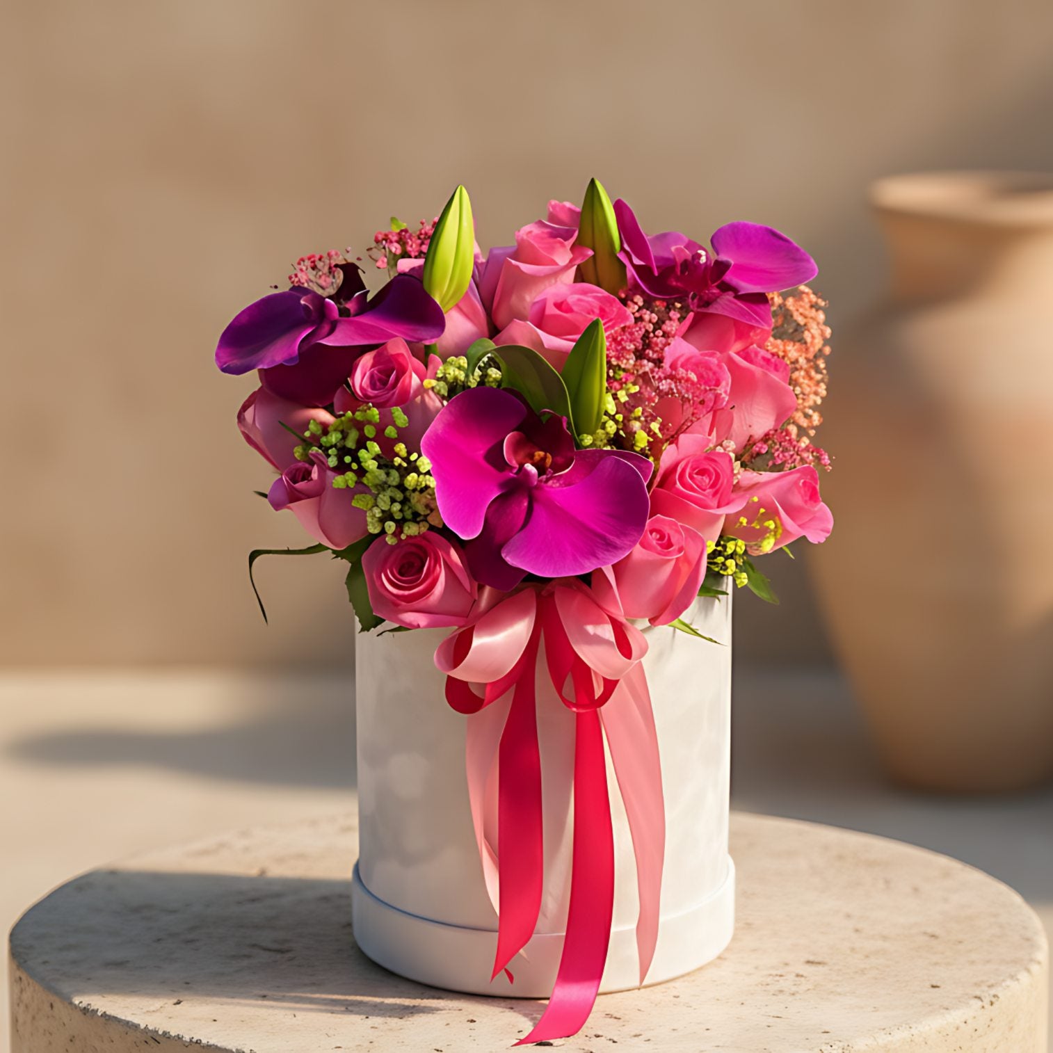 Fucsia white velvet round box arrangement with purple orchids, pink roses, lilies, and gypsophila by Aiwa Flowers Dubai