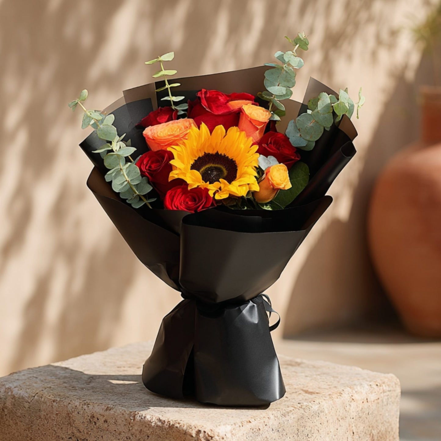 Hand-tied bouquet with a sunflower, red and orange roses, and eucalyptus in elegant black wrapping by Aiwa Flowers Dubai
