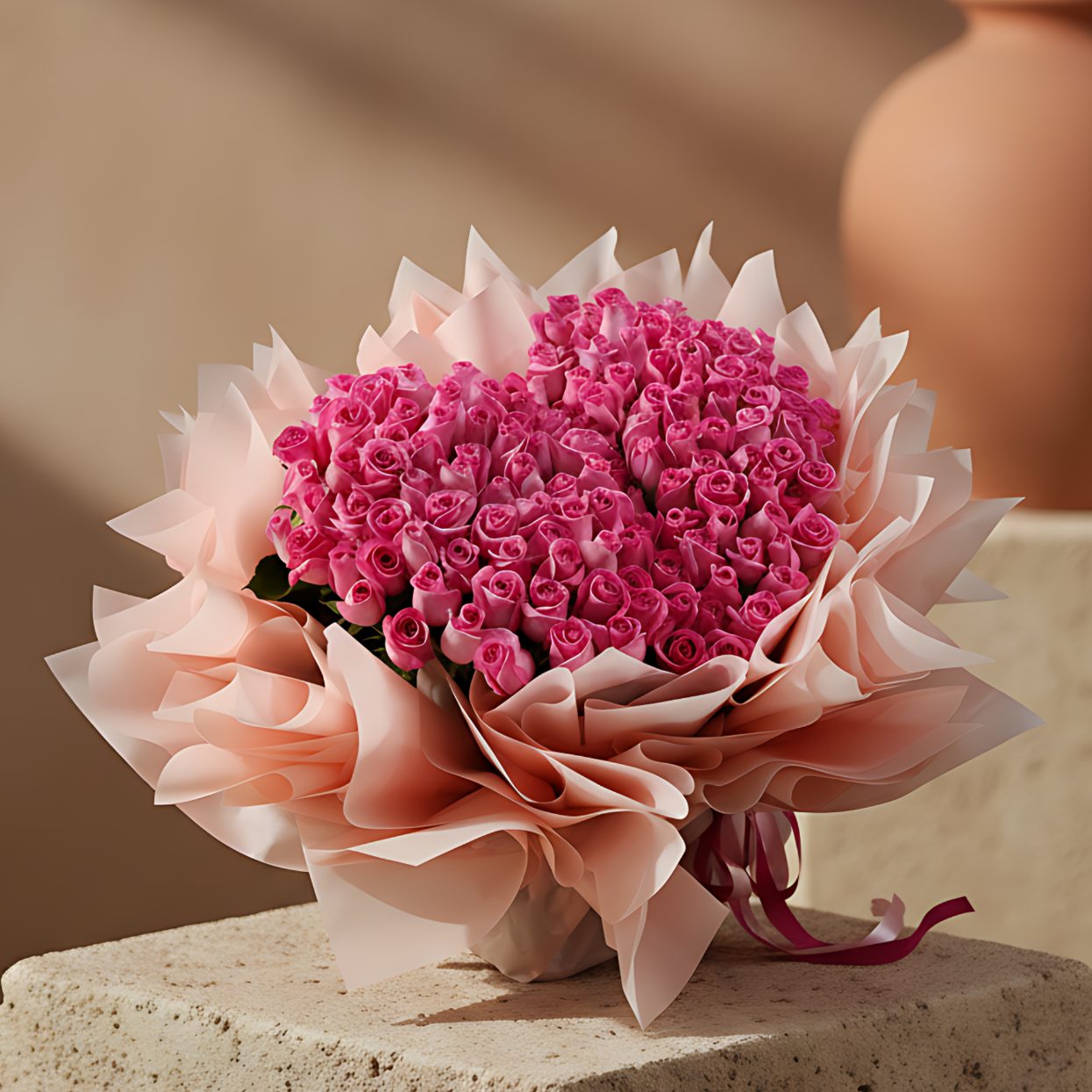 Giant Sweetheart heart-shaped bouquet of 155 pink roses in soft pink wrapping by Aiwa Flowers Dubai