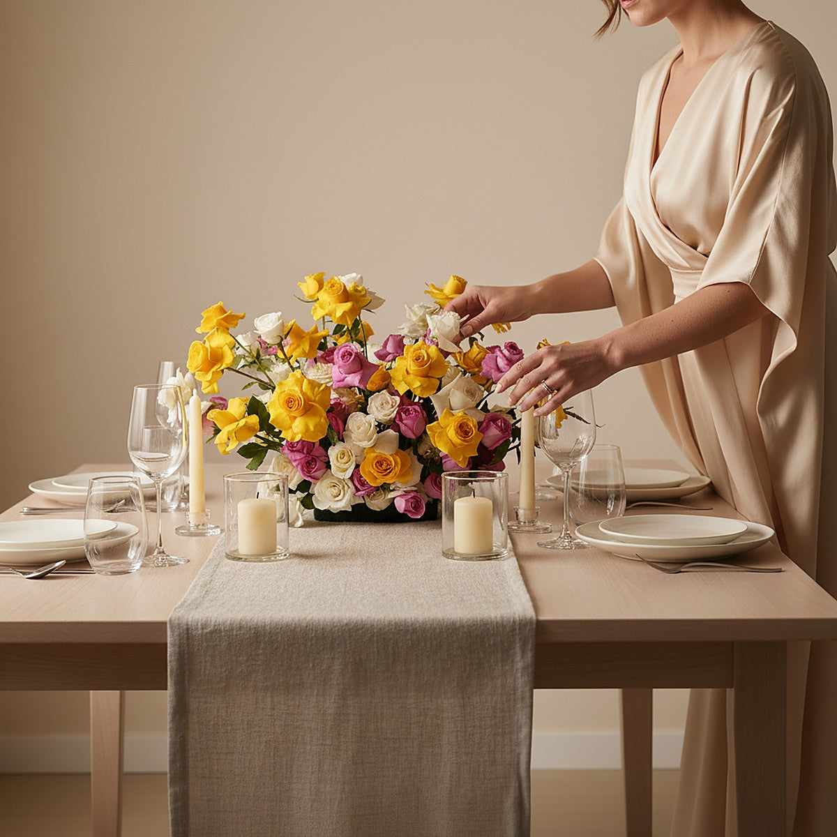 Golden Garden Rose Centerpiece — front view — Aiwa Flowers, Dubai UAE
