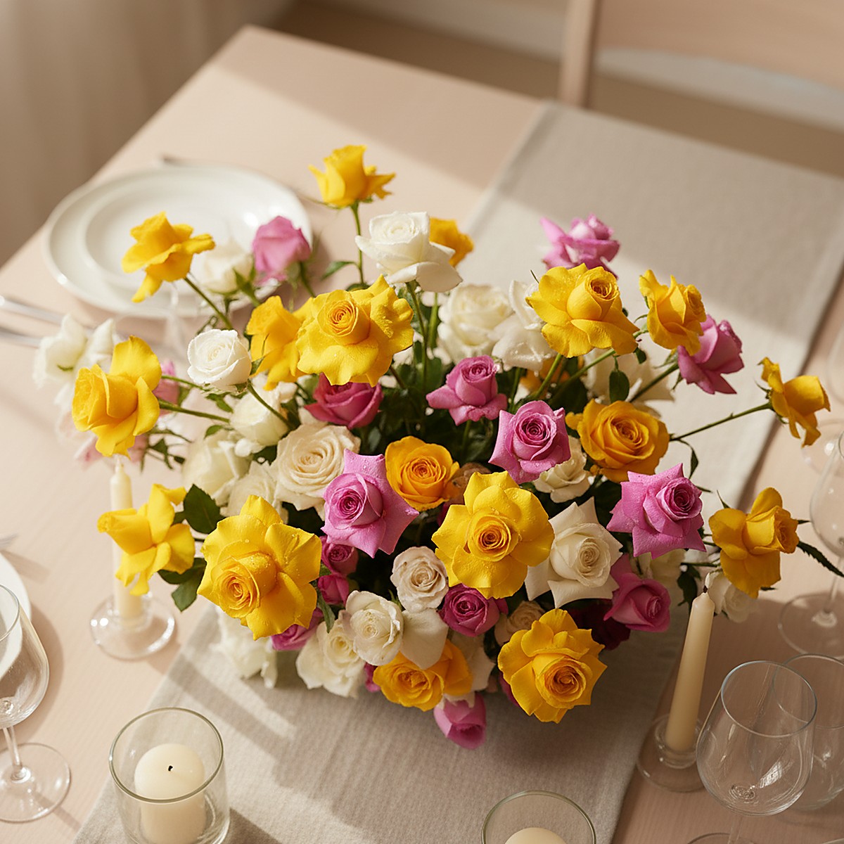 Golden Garden Rose Centerpiece — close-up floral detail — Aiwa Flowers, Dubai UAE