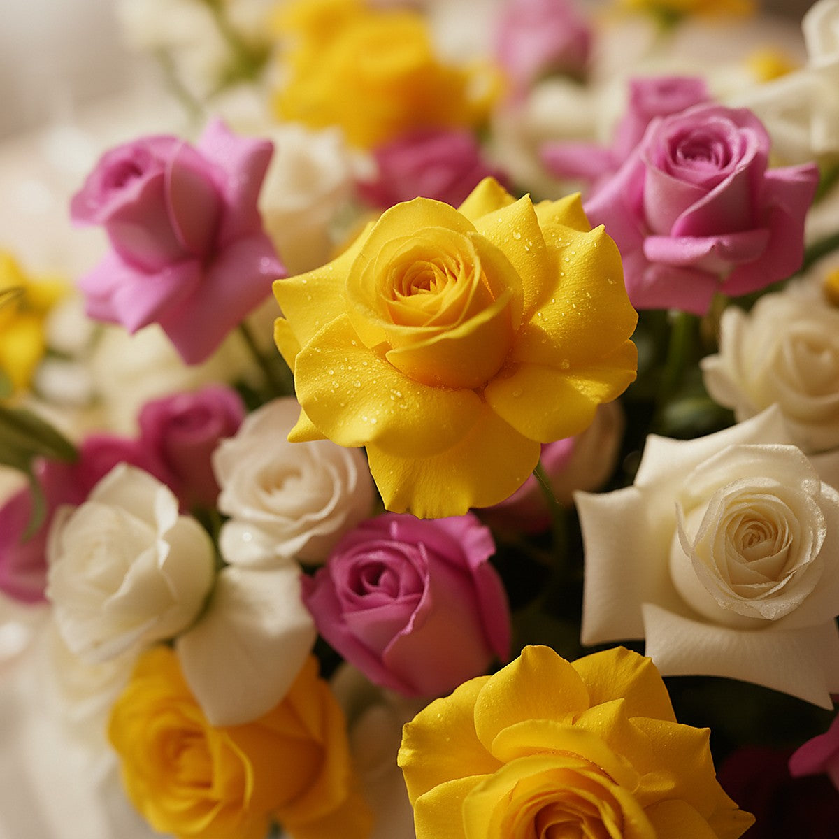 Golden Garden Rose Centerpiece — styled event setting — Aiwa Flowers, Dubai UAE