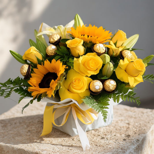 Handcrafted sunflower arrangement with yellow roses, lilies and Ferrero Rocher chocolates in white wrapping by Aiwa Flowers Dubai
