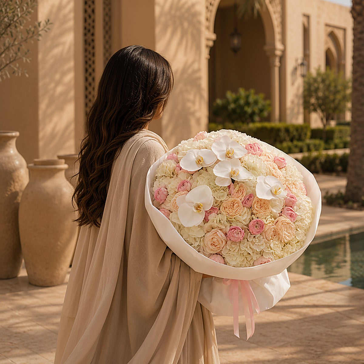 Side angle of Ivory Orchid showing sculptural orchid blooms by Aiwa Flowers Dubai