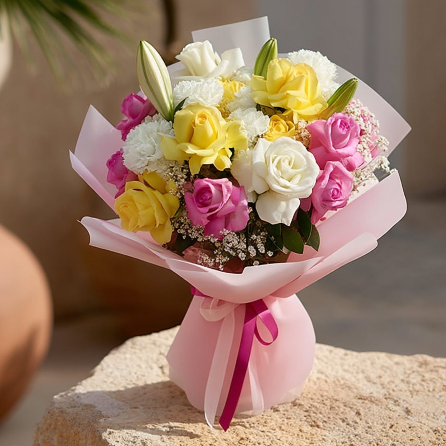 Hand-tied bouquet of white, yellow, and pink roses with lilies, carnations, and gypsophila in soft pink wrapping by Aiwa Flowers Dubai
