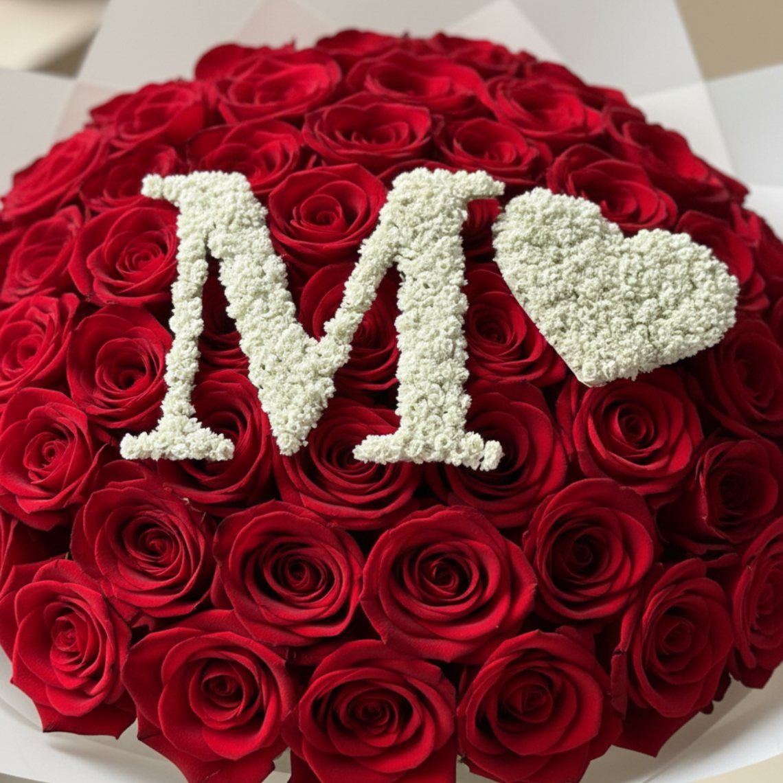Custom letter rose bouquet with gypsophila monogram and heart detail