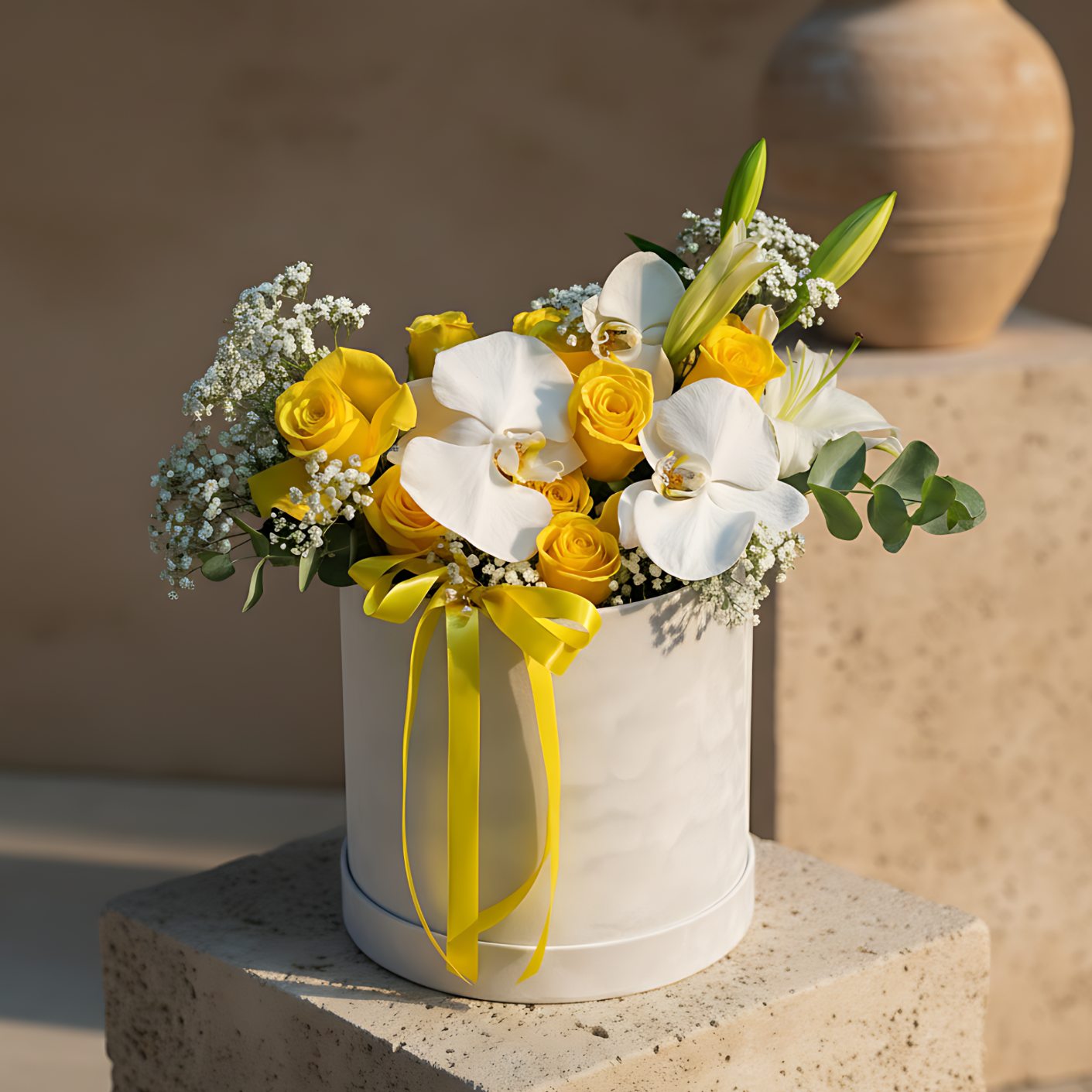 Limoncello white velvet round box arrangement with white orchids, yellow roses, lily, eucalyptus, and gypsophila by Aiwa Flowers Dubai