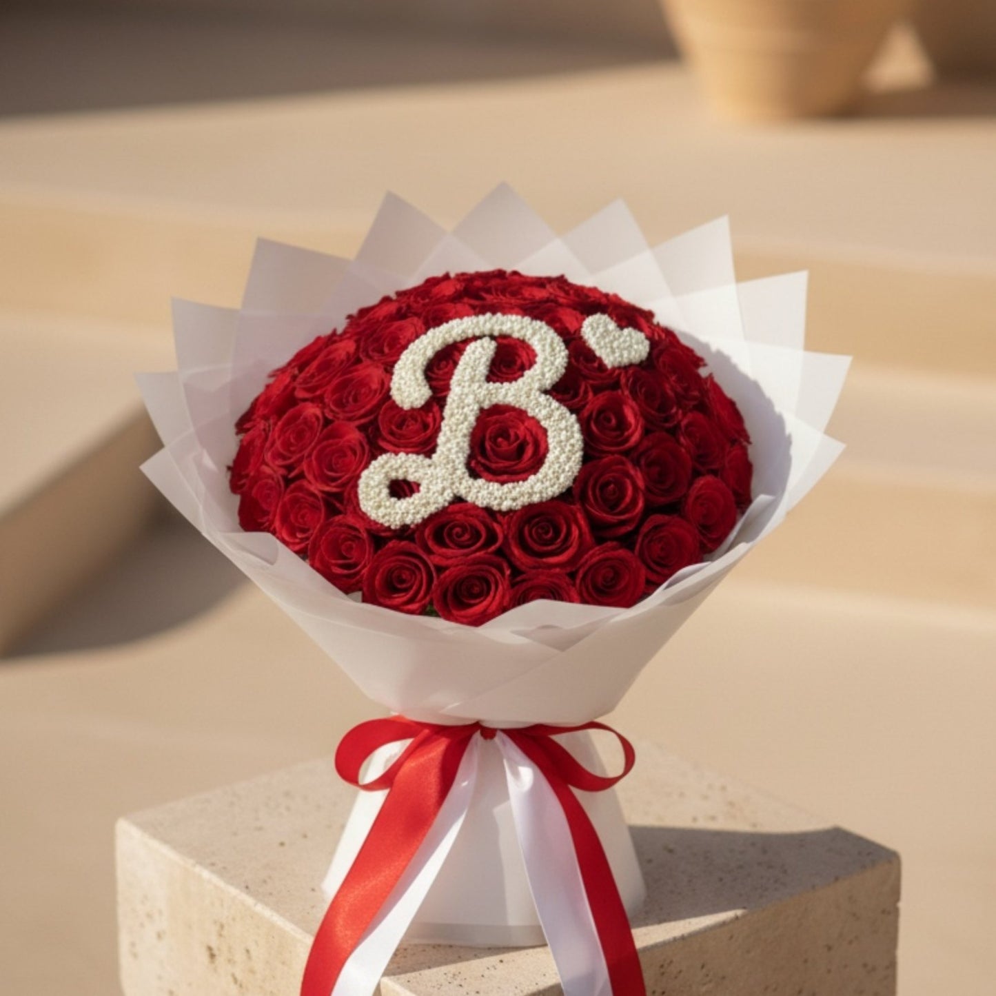 Luxury red rose dome bouquet with custom letter B made from white gypsophila flowers