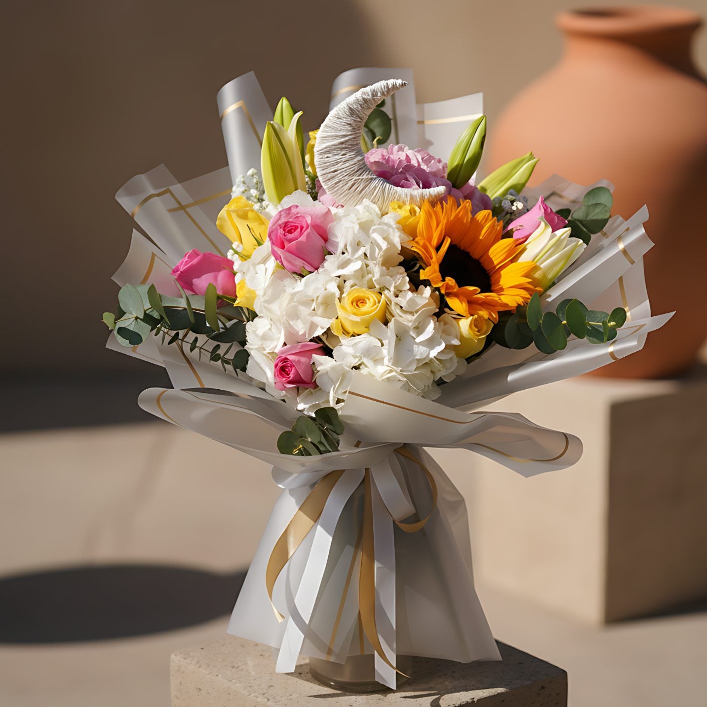 Moonlit Gatherings hand-tied bouquet with pink and yellow roses, sunflower, hydrangeas, lilies, eucalyptus, and moon accent by Aiwa Flowers Dubai