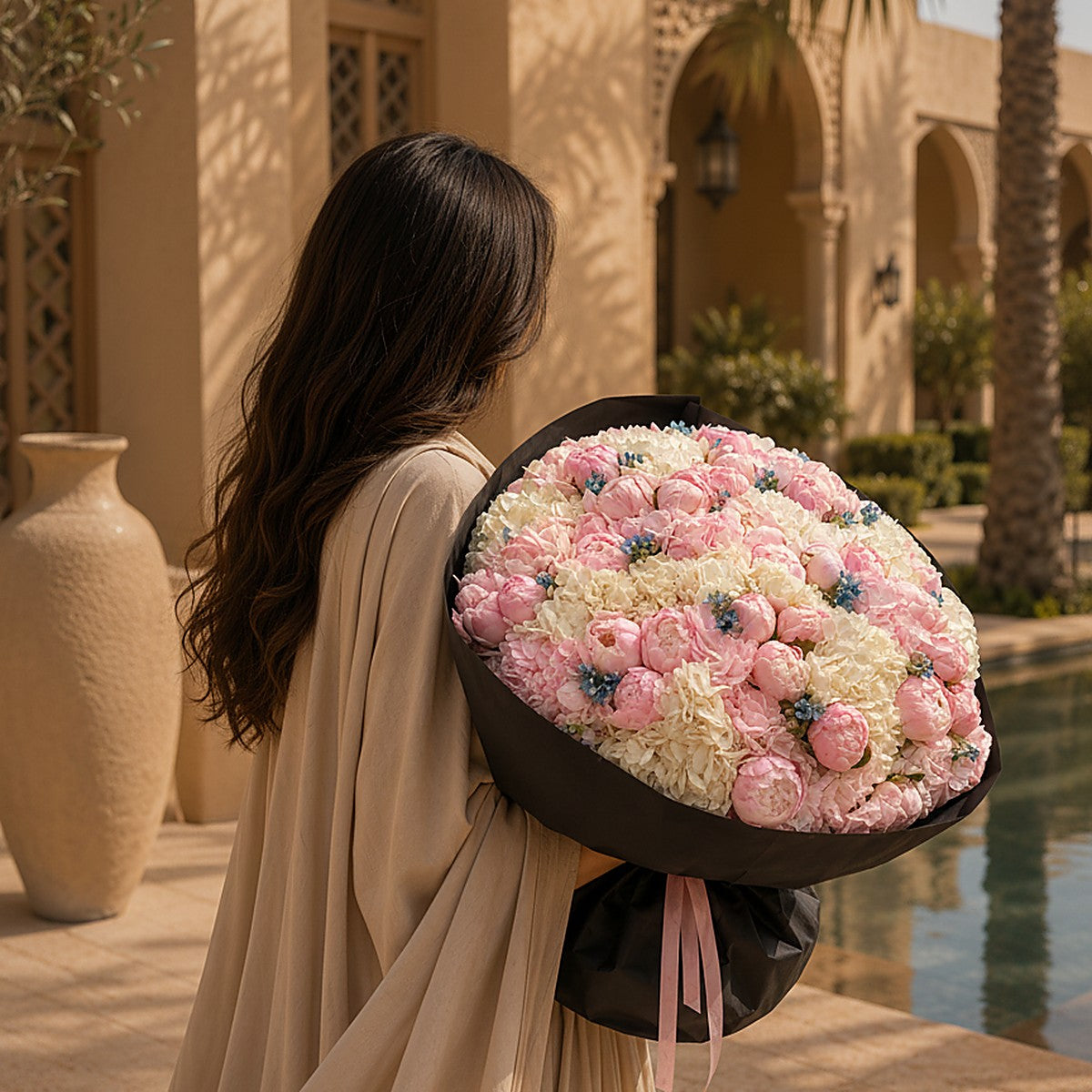 Side angle of Noctelle showing 50-peony composition with black wrap by Aiwa Flowers Dubai