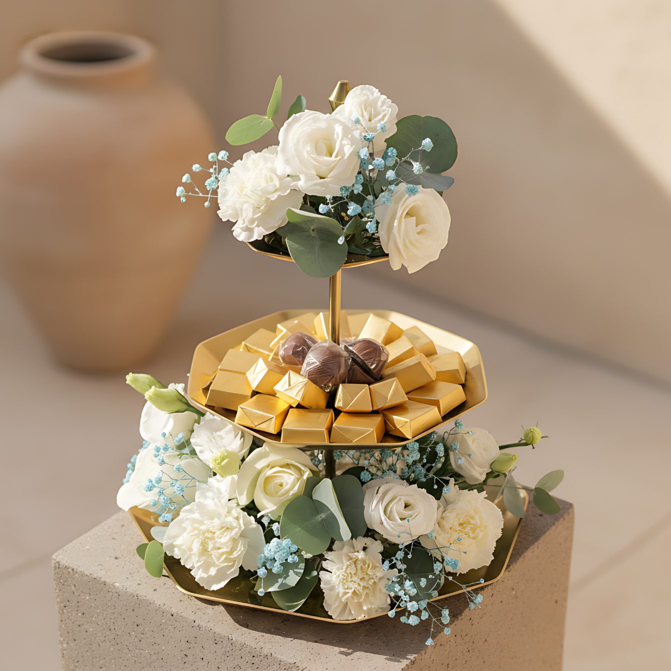 Oh Baby Chocolate Tray 1 floral arrangement with white carnations, roses, lisianthus, eucalyptus, gypsophila, and chocolates on a serving tray by Aiwa Flowers Dubai