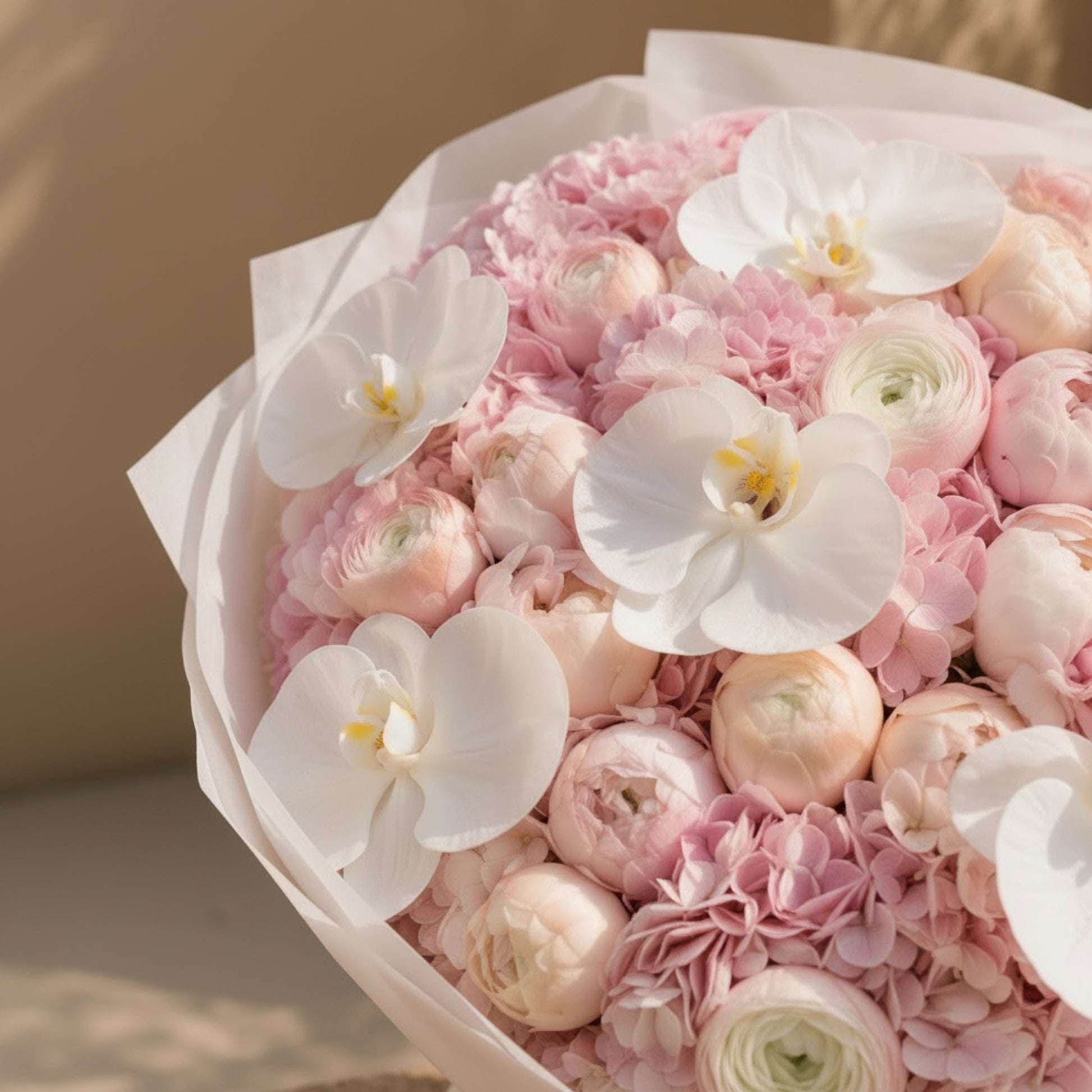 Aiwa Flowers Orchid Ballet bouquet — side angle view | luxury flower delivery Dubai