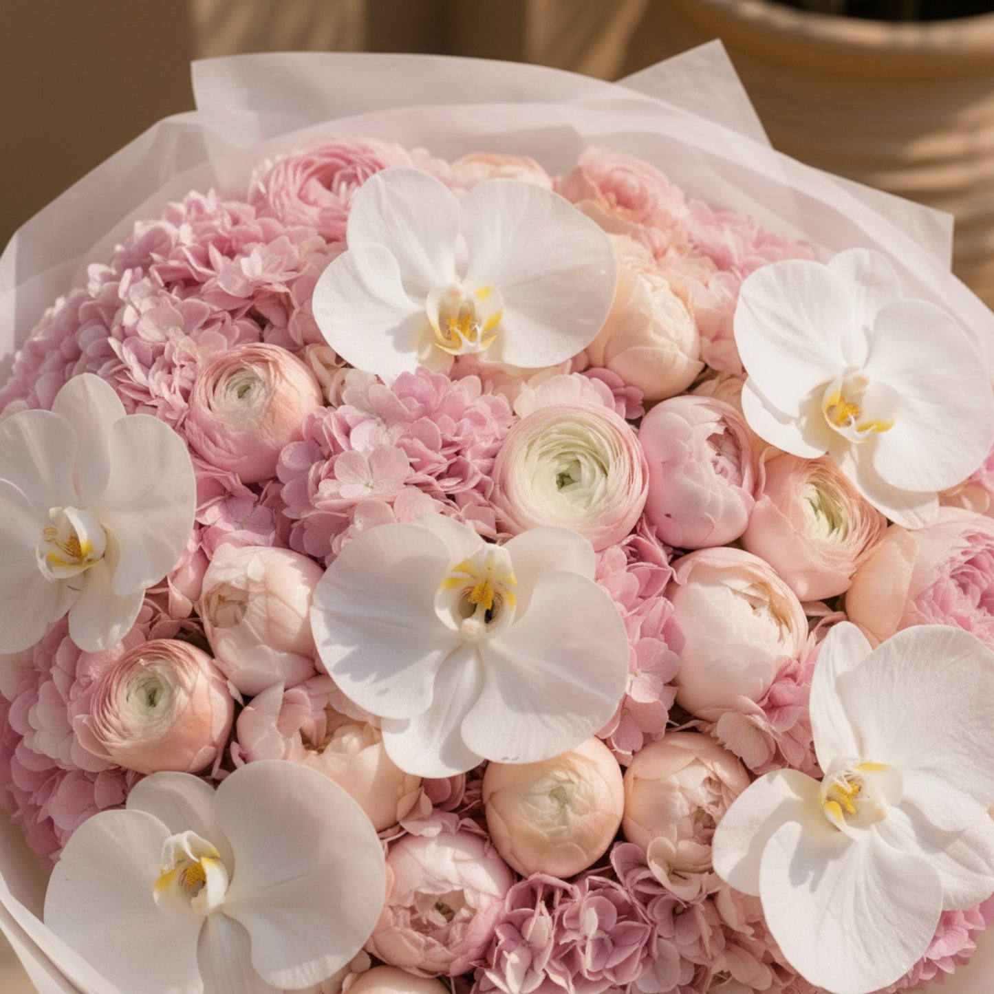Aiwa Flowers Orchid Ballet bouquet — top view view | luxury flower delivery Dubai