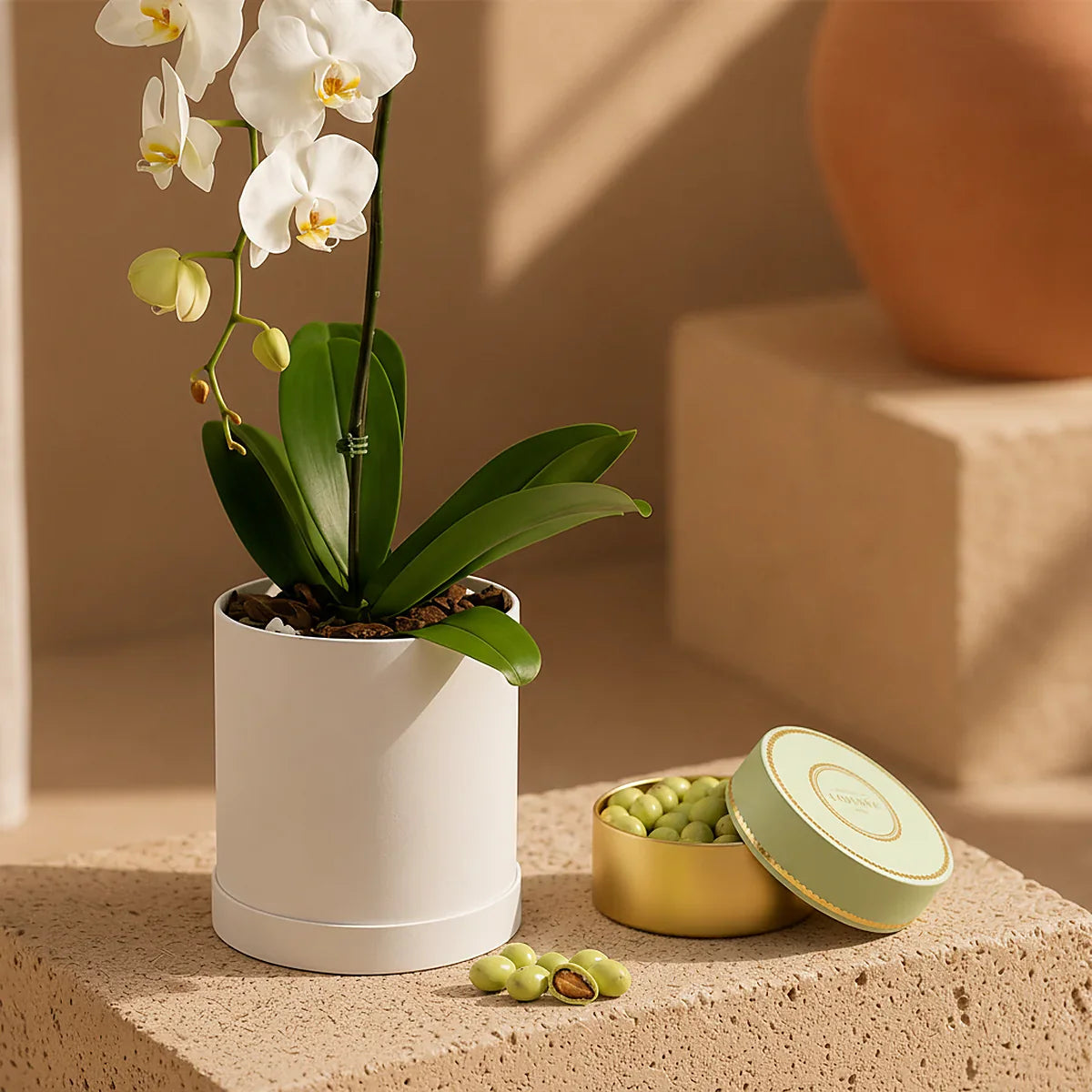 Orchid Pearl Gift Set gift set by Aiwa Flowers — lifestyle view, luxury flowers and partner brand pairing for same-day delivery in Dubai UAE