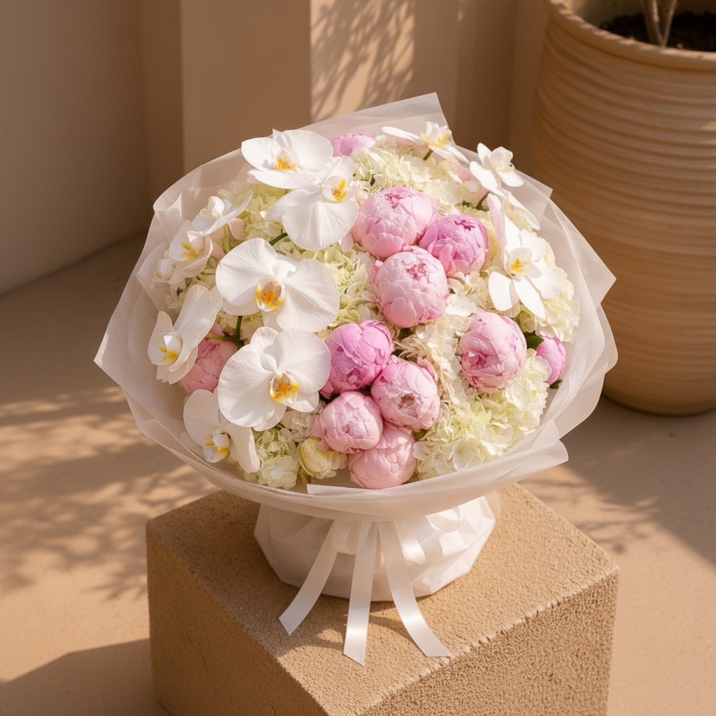 Aiwa Flowers Peony Royale bouquet — detail view | luxury flower delivery Dubai