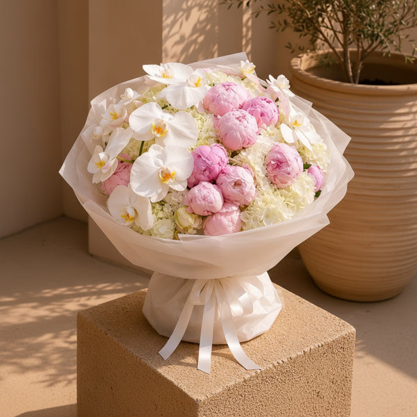 Aiwa Flowers Peony Royale bouquet — packaging view | luxury flower delivery Dubai