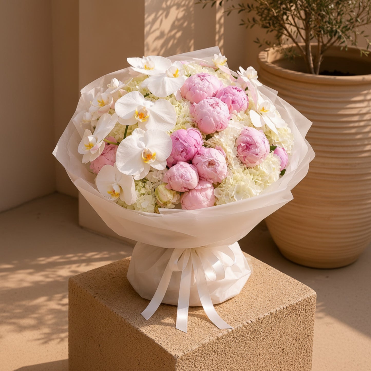 Aiwa Flowers Peony Royale bouquet — packaging view | luxury flower delivery Dubai