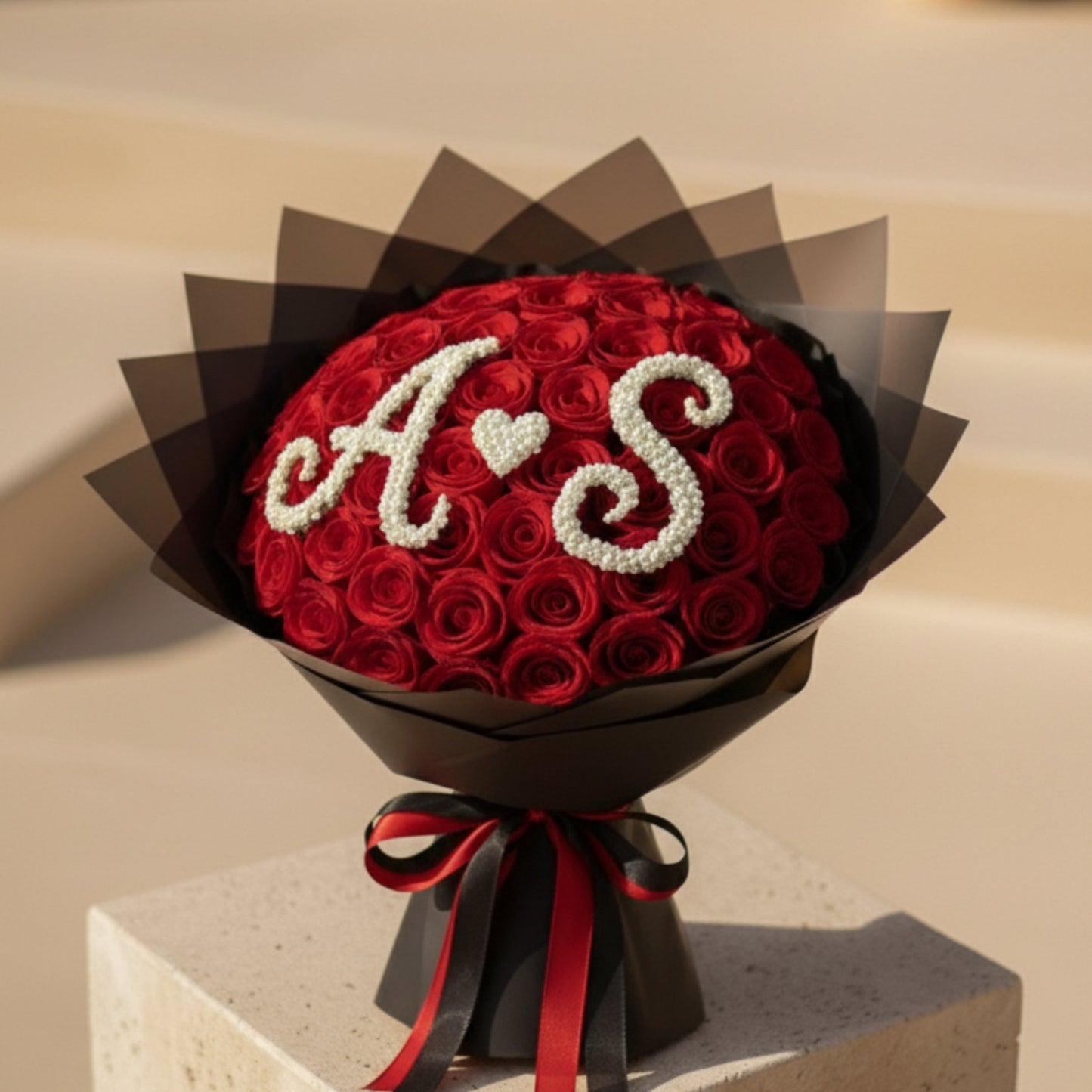 Romantic red rose dome bouquet with personalized couple letters and heart