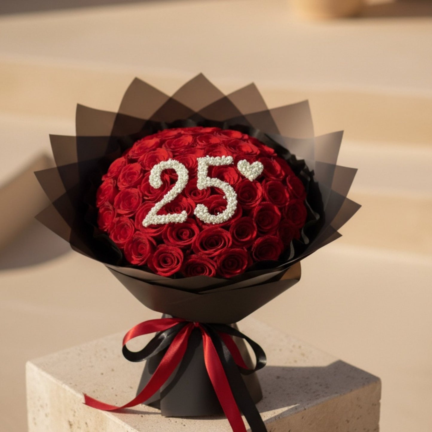Custom number red rose dome bouquet with elegant black wrapping