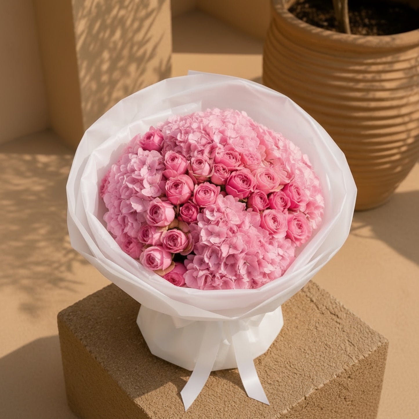 Aiwa Flowers Pink Garden bouquet — detail view | luxury flower delivery Dubai