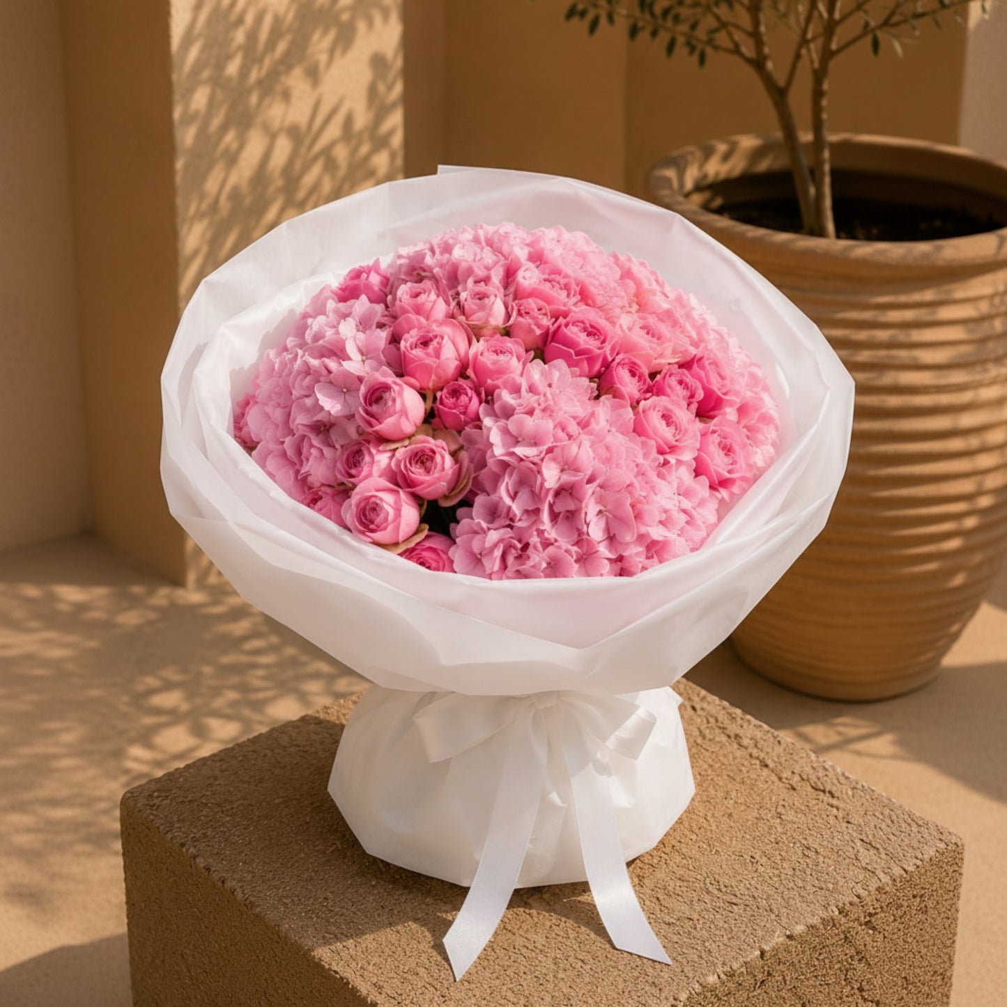 Aiwa Flowers Pink Garden bouquet — packaging view | luxury flower delivery Dubai