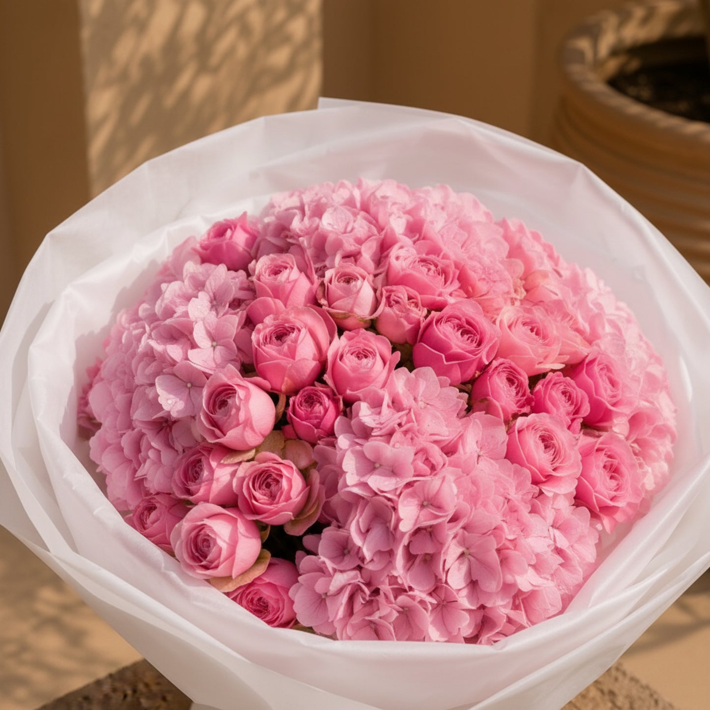 Aiwa Flowers Pink Garden bouquet — side angle view | luxury flower delivery Dubai