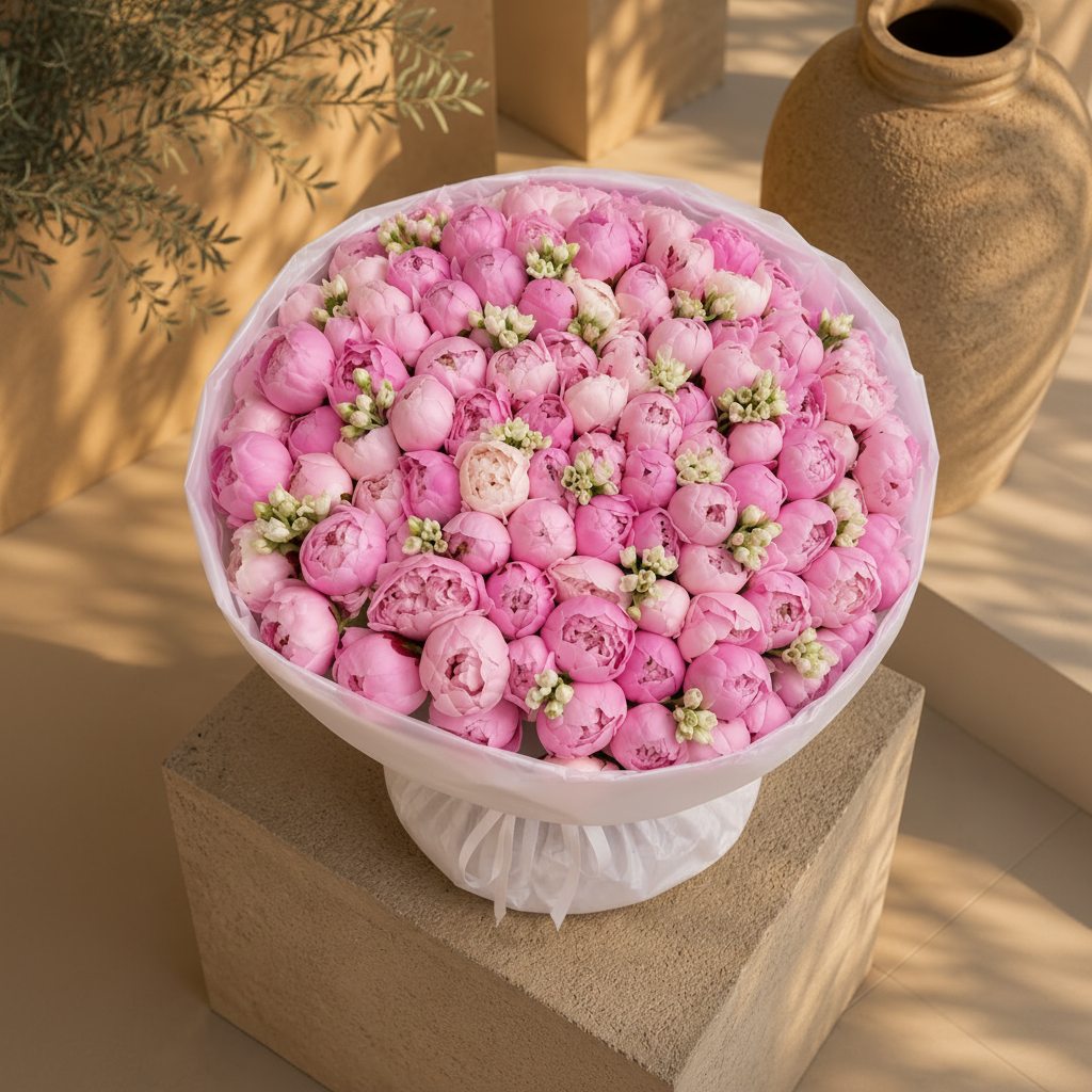 Luxury pink peony bouquet with white stock flowers in elegant white wrapping, hand-tied floral arrangement by Aiwa Flowers Dubai.