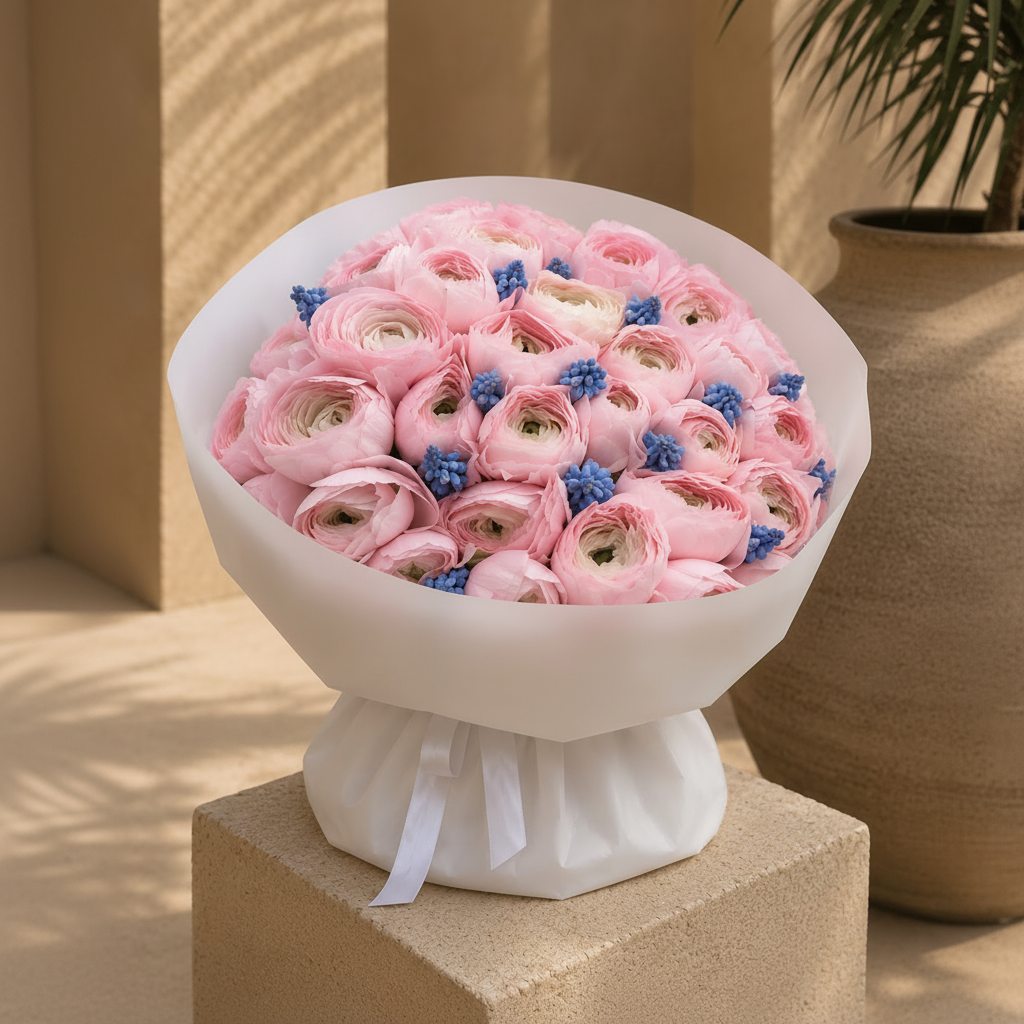 Soft pink ranunculus bouquet accented with blue muscari flowers in elegant white wrapping, premium floral arrangement in Dubai.