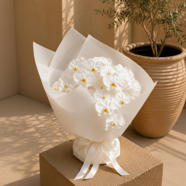 Aiwa Flowers Pure Orchid bouquet — packaging view | luxury flower delivery Dubai