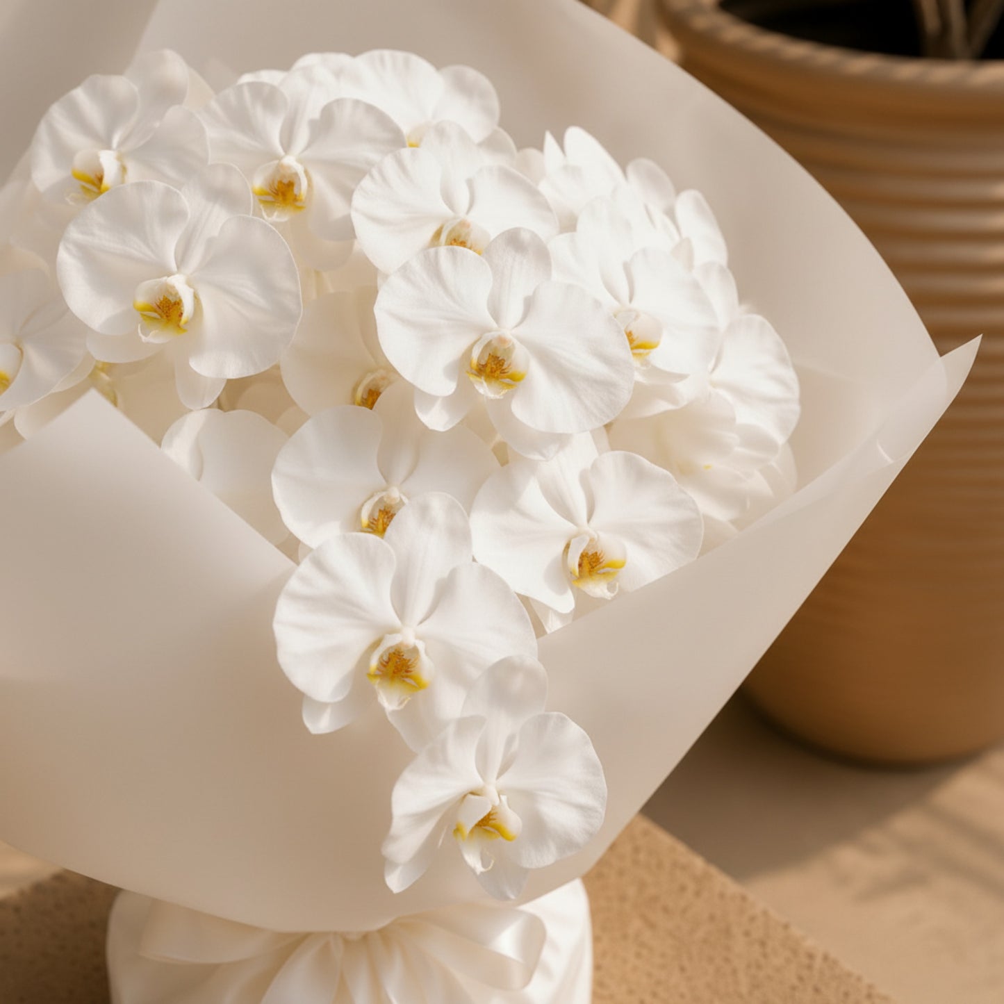 Aiwa Flowers Pure Orchid bouquet — side angle view | luxury flower delivery Dubai