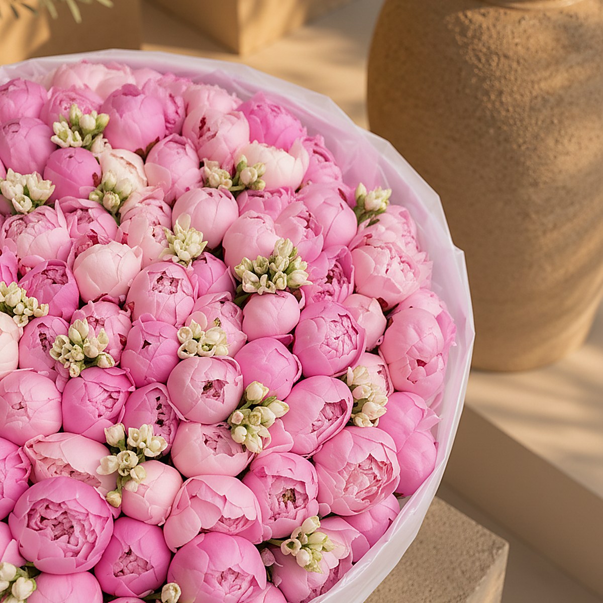 Close-up of pink peony petals and white freesia in Rosabelle by Aiwa Flowers Dubai
