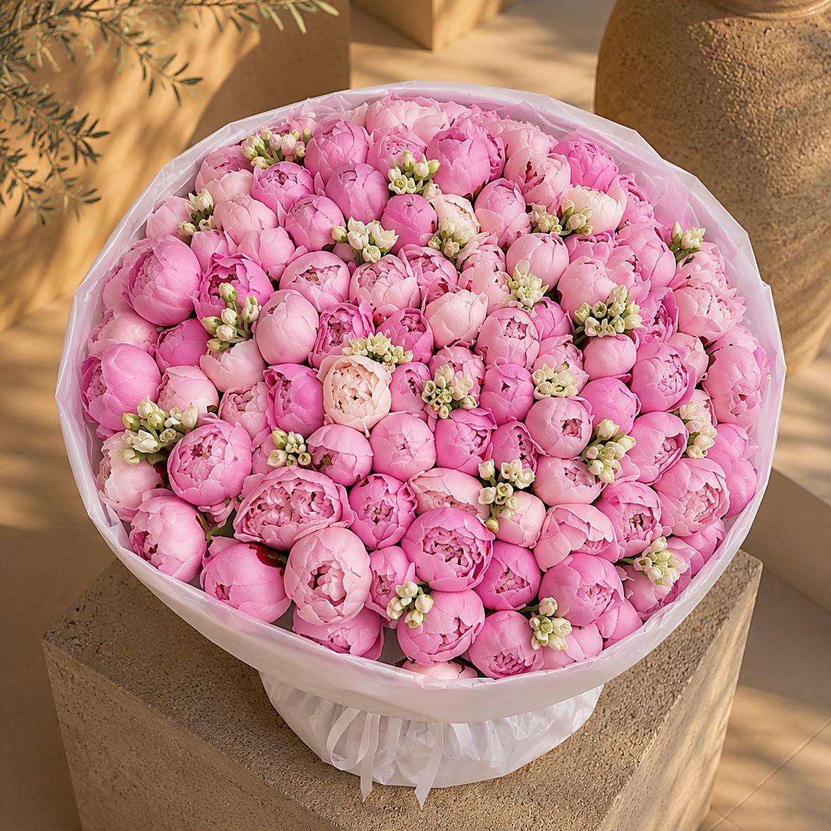 Top-down view of Rosabelle luxury pink peony bouquet by Aiwa Flowers Dubai