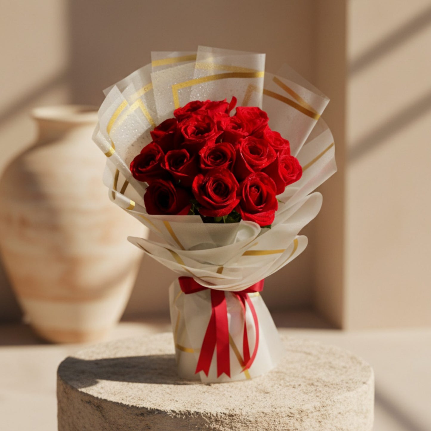 Rosalina hand-tied bouquet of 15 red roses in trendy wrapping by Aiwa Flowers Dubai