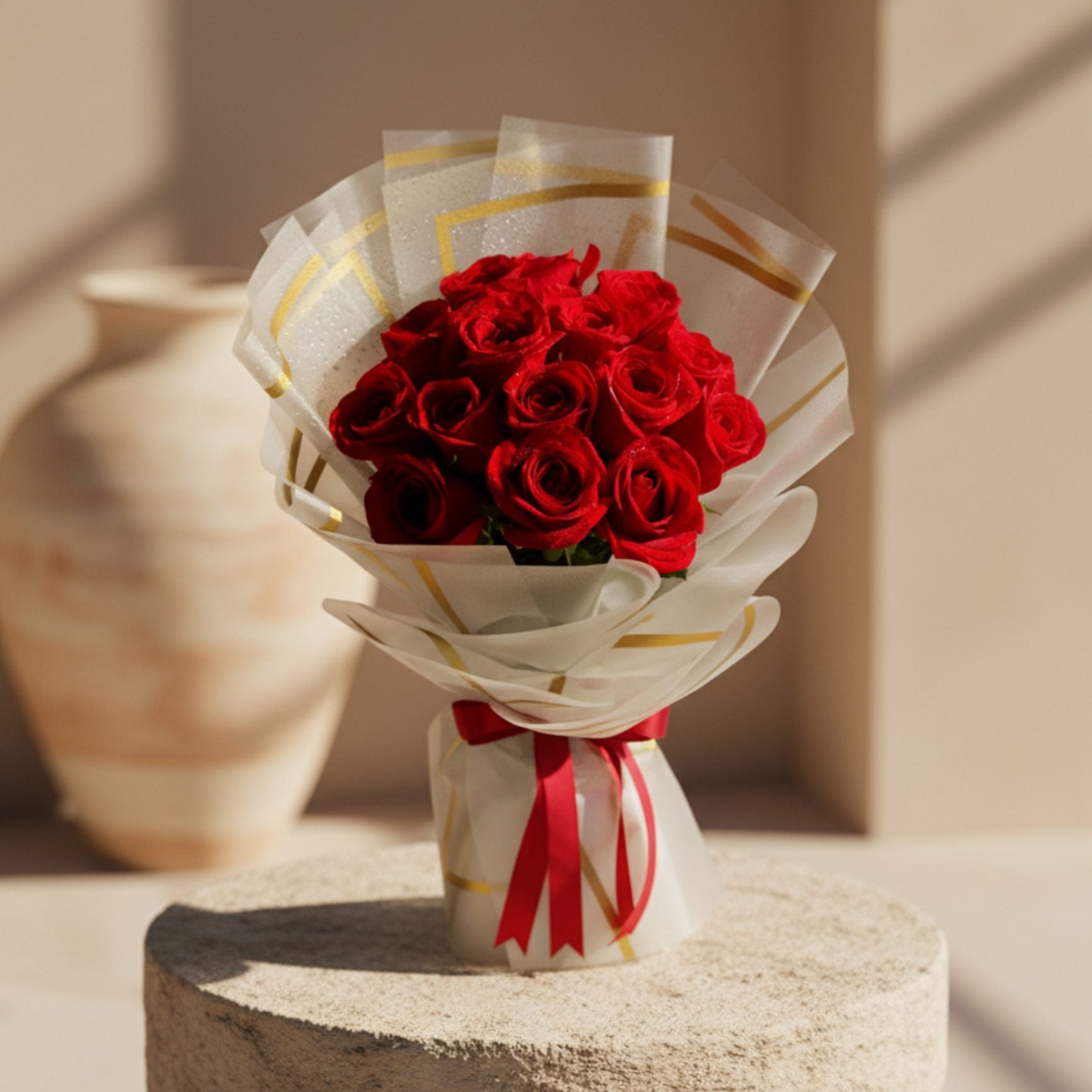 Rosalina hand-tied bouquet of 15 red roses in trendy wrapping by Aiwa Flowers Dubai