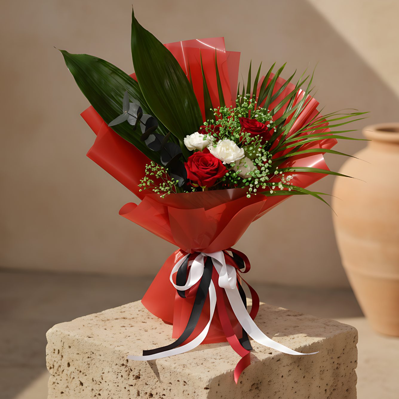 Sharjah hand-tied bouquet with red roses, white carnations, green gypsophila, and eucalyptus by Aiwa Flowers Dubai