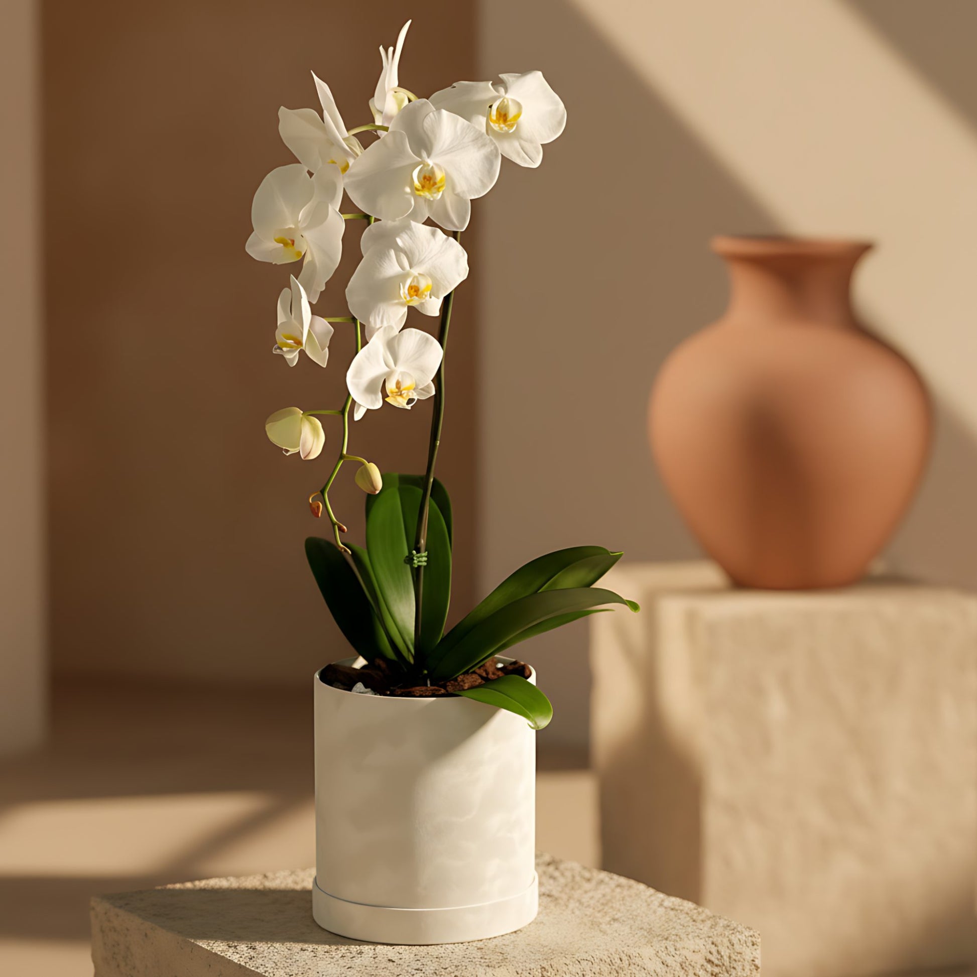 Single White Orchid Plant with one white Phalaenopsis stem presented in a white velvet box by Aiwa Flowers Dubai