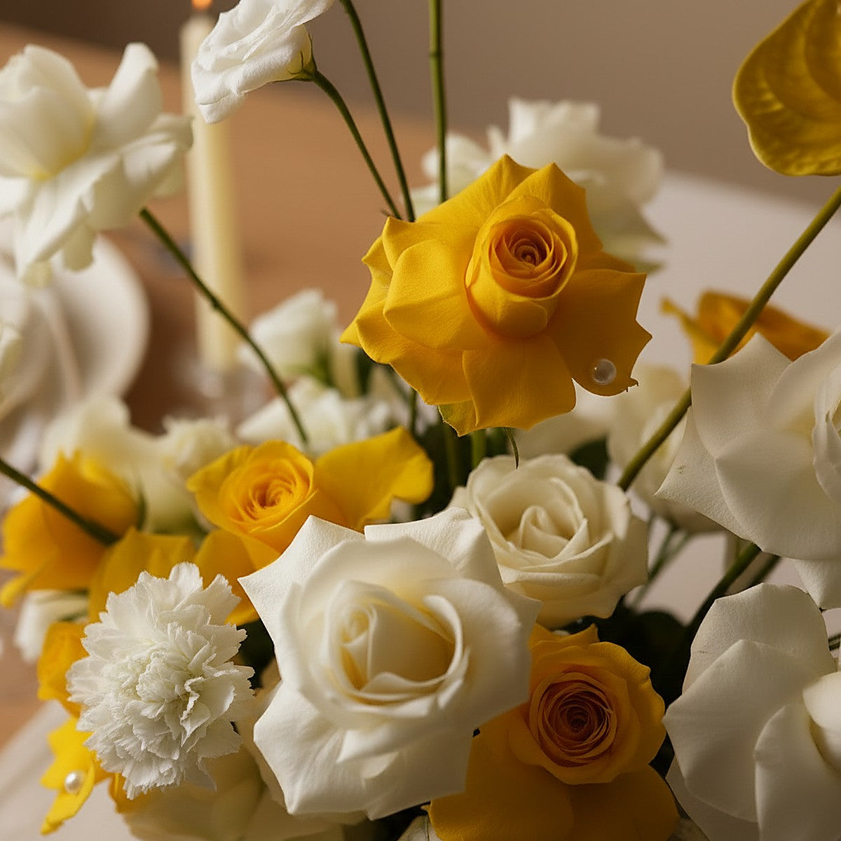Solar Bloom Rose Centerpiece — close-up floral detail — Aiwa Flowers, Dubai UAE