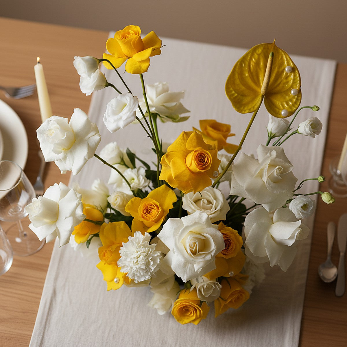 Solar Bloom Rose Centerpiece — styled event setting — Aiwa Flowers, Dubai UAE