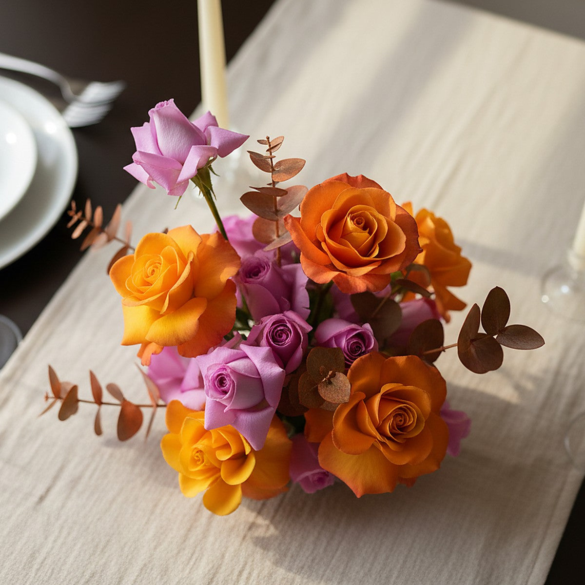 Sunset Bloom Centerpiece — styled event setting — Aiwa Flowers, Dubai UAE
