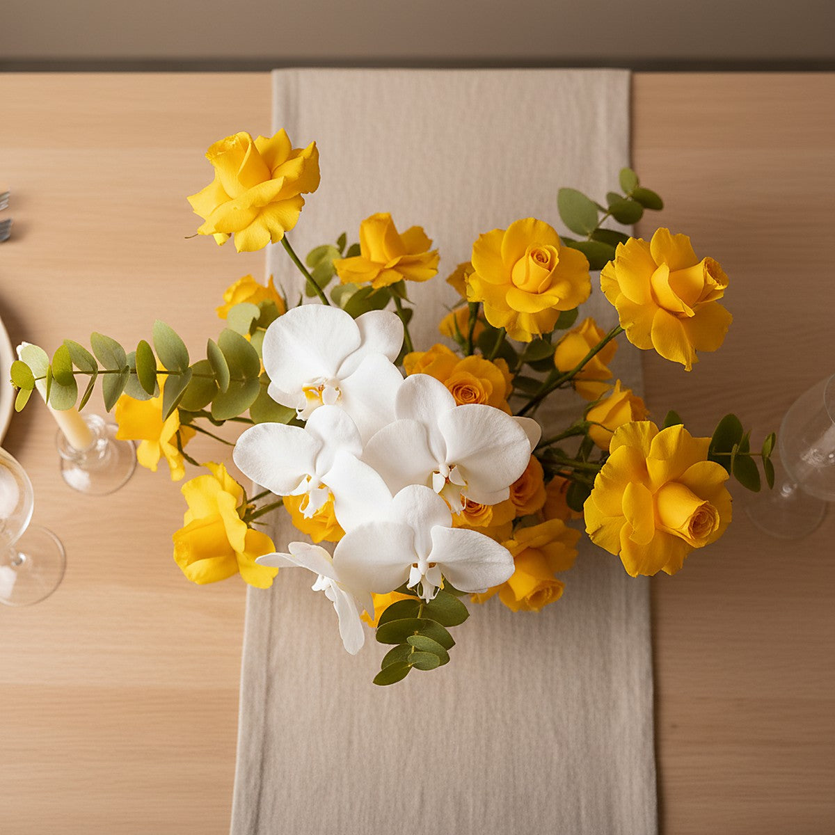 Sunshine Orchid Garden Centerpiece — close-up floral detail — Aiwa Flowers, Dubai UAE